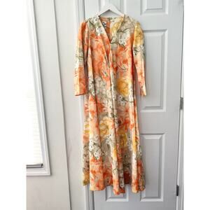 Puritan Forever Young Orange Yellow 60s 70s Vintage V Gathered Midi Dress S/M
